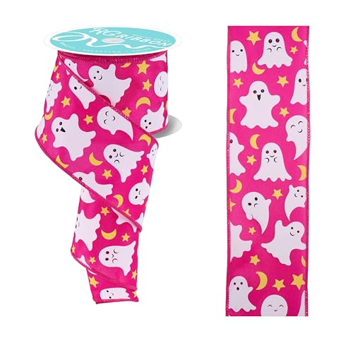 RG Ribbon Halloween-Geister mit Sternen und Monden, Drahtkanten, für Schleifen, Kränze, Basteln und Dekorationen (Hot Pink, 6,3 cm x 9,1 m) von Craig Bachman