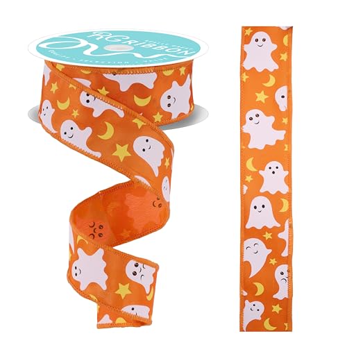 RG Ribbon Halloween-Geister mit Sternen und Monden, Drahtkanten, für Schleifen, Kränze, Basteln und Dekorationen (Orange, 3,8 cm x 9,1 m) von Craig Bachman