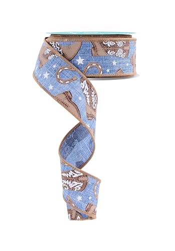 Western-Cowboy-Motiv auf blauem Band mit Drahtrand, 3,8 cm x 9,1 m, Blumenarrangement, Basteln, Stoff, Schleifenkranz, rustikal Western-Cowboy-Motiv auf blauem Band mit Drahtrand, 3,8 cm x 9,1 m, Blumenarrangement, Basteln, Stoff, Schleifenkranz, rustikal von Craig Bachman