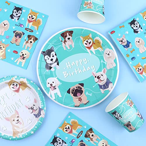 Cranight Paxrmuky 64 Pcs Pappteller Kindergeburtstag Set, Hunde Mottoparty Geburtstag Partygeschirr Kinder, Teller Becher Servietten für 16 Jungen Mädchen Gäste, Blau Geburtstag Deko Partyzubehör von Cranight