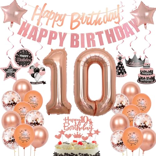 10 Geburtstag Deko, 10. Geburtstag Mädchen,Luftballons 10. Geburtstag Deko Mädchen, Happy Birthday Girlande Deko 10.Geburtstag Mädchen, Tortendeko 10 Geburtstag Deko Happy 10th Birthday rosegold von Crazy-M