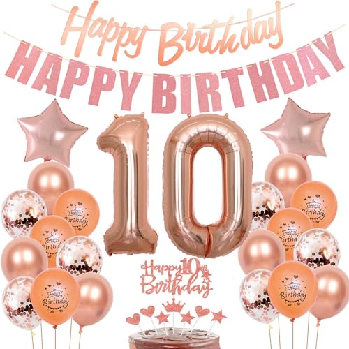 10. Geburtstag Mädchen Deko, 10 Geburtstag Dekoration mit "Happy Birthday" Banner, Rosegold Luftballons 10.Geburtstag Deko Mädchen,Rosegold Tortendeko Geburtstag 10 jahre Mädchen Geburtstagsdeko von Crazy-M
