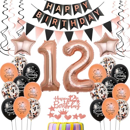 12 Geburtstag Dekoration Luftballons rosegold schwarz ,deko 12. Geburtstag mädchen deko , rosegold Luftballons Zahl 12 ,Happy Birthday Girlande Banner 12 mädchen Geburtstagdeko 12 jahre mädchen von Crazy-M