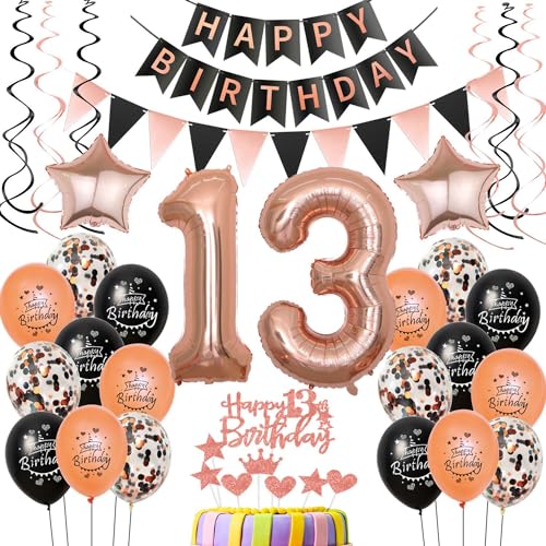 13 Geburtstag Dekoration Luftballons rosegold schwarz,deko 13. Geburtstag mädchen deko, rosegold Luftballons Zahl 13,Happy Birthday Girlande Banner 13 mädchen Geburtstagdeko 13 jahre mädchen von Crazy-M