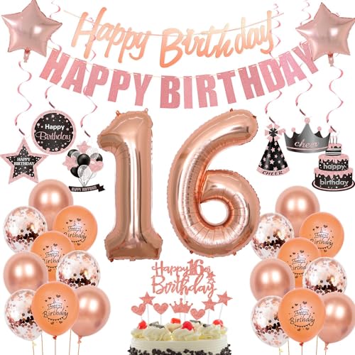 16 Geburtstag Deko, 16. Geburtstag Mädchen,Luftballons 16. Geburtstag Deko Mädchen, Happy Birthday Girlande Deko 16.Geburtstag Mädchen, Tortendeko 16 Geburtstag Deko Happy 16th Birthday rosegold von Crazy-M