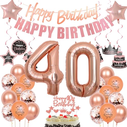 40 Geburtstag Deko, 40. Geburtstag frauen,Luftballons 40. Geburtstag Deko frauen, Happy Birthday Girlande Deko 40.Geburtstag frau,Tortendeko 40 Geburtstag Deko mädchen Happy 40th Birthday rosegold von Crazy-M