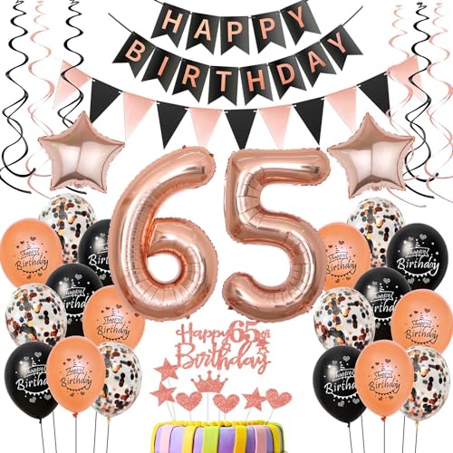 65 Geburtstag Dekoration Luftballons rosegold schwarz ,deko 65. Geburtstag Frau deko , rosegold Luftballons Zahl 65 ,Happy Birthday Girlande Banner 65 Frau Geburtstagdeko 65 jahre Frau von Crazy-M