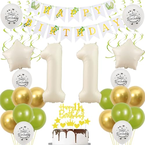 Crazy-M 11. Geburtstag Mädchen Deko Set: 32inch #11 Folienballon, Metallic Chrome & Weiße Latexballons, Banner, Sterne, Hängedeko, Tortendeko, Band - Weiß, Gold, Grün Crazy-M 11. Geburtstag Mädchen Deko Set: 32inch #11 Folienballon, Metallic Chrome & Weiße Latexballons, Banner, Sterne, Hängedeko, Tortendeko, Band - Weiß, Gold, Grün von Crazy-M