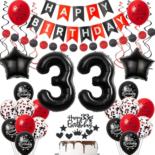 Crazy-M 33. Geburtstag Frauen Dekoration Set: 30 Stück Schwarz Rot Ballons, Girlande, Tortendeko & Zubehör für Damen Crazy-M 33. Geburtstag Frauen Dekoration Set: 30 Stück Schwarz Rot Ballons, Girlande, Tortendeko & Zubehör für Damen von Crazy-M