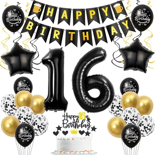 Deko 16. geburtstag junge mädchen luftballon 16 geburtstag mädchen deko geschenk für 16. geburtstag junge schwarz gold geburtstagsdeko 16 jahre mädchen ballon geburtstags tortendeko 16 junge von Crazy-M