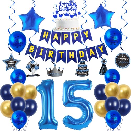 Luftballons 15 Geburtstag Dekoration Blau Gold 15 Jahre Jungen Geburtstagsdeko Ballon,Blau Happy Birthday Girlande Banner Folienballon 15 Geburtstag Party Deko für Junge,deko 15. Geburtstag Junge von Crazy-M