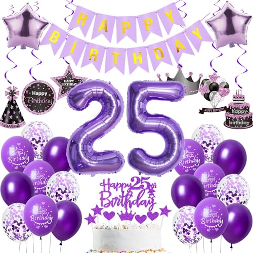 Violett 25 Geburtstag Deko, 25. Geburtstag frauen,Luftballons 25. Geburtstag Deko frauen, Happy Birthday Girlande Deko 25.Geburtstag frau,Tortendeko 25 Geburtstag mädchen Happy 25th Birthday lila von Crazy-M