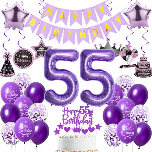 Violett 55 Geburtstag Deko, 55. Geburtstag frauen,Luftballons 55. Geburtstag Deko frauen, Happy Birthday Girlande Deko 55.Geburtstag frau,Tortendeko 55 Geburtstag mädchen Happy 55th Birthday lila von Crazy-M