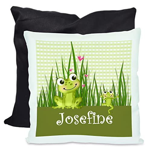 CreaDesign, Kinder Kissen 40x40 cm personalisiert mit Namen, Kinderzimmer Deko Kissen Kinder mit Füllung Federn, Motiv Frosch, Rückenfarbe Schwarz CreaDesign, Kinder Kissen 40x40 cm personalisiert mit Namen, Kinderzimmer Deko Kissen Kinder mit Füllung Federn, Motiv Frosch, Rückenfarbe Schwarz von CreaDesign