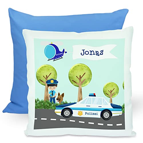 CreaDesign, Kinder Kissen 40x40 cm personalisiert mit Namen, Kinderzimmer Deko Kissen Kinder mit Füllung Federn, Motiv Polizei, Rückenfarbe Blau CreaDesign, Kinder Kissen 40x40 cm personalisiert mit Namen, Kinderzimmer Deko Kissen Kinder mit Füllung Federn, Motiv Polizei, Rückenfarbe Blau von CreaDesign