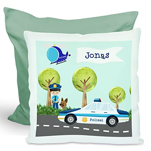 CreaDesign, Kinder Kissen 40x40 cm personalisiert mit Namen, Kinderzimmer Deko Kissen Kinder mit Füllung Federn, Motiv Polizei, Rückenfarbe Grün CreaDesign, Kinder Kissen 40x40 cm personalisiert mit Namen, Kinderzimmer Deko Kissen Kinder mit Füllung Federn, Motiv Polizei, Rückenfarbe Grün von CreaDesign