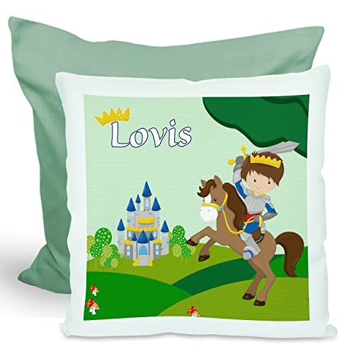 CreaDesign, Kinder Kissen 40x40 cm personalisiert mit Namen, Kinderzimmer Deko Kissen Kinder mit Füllung Federn, Motiv Ritter 2, Rückenfarbe Grün CreaDesign, Kinder Kissen 40x40 cm personalisiert mit Namen, Kinderzimmer Deko Kissen Kinder mit Füllung Federn, Motiv Ritter 2, Rückenfarbe Grün von CreaDesign