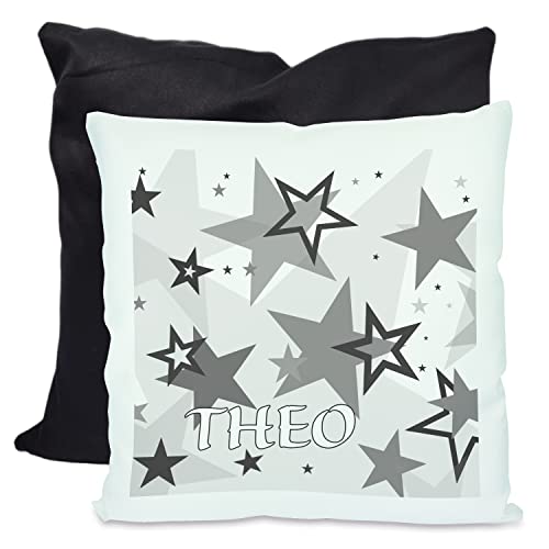 CreaDesign, Kinder Kissen 40x40 cm personalisiert mit Namen, Kinderzimmer Deko Kissen Kinder mit Füllung Federn, Motiv Sterne grau, Rückenfarbe Schwarz CreaDesign, Kinder Kissen 40x40 cm personalisiert mit Namen, Kinderzimmer Deko Kissen Kinder mit Füllung Federn, Motiv Sterne grau, Rückenfarbe Schwarz von CreaDesign