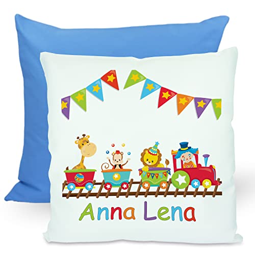 CreaDesign, Kinder Kissen 40x40 cm personalisiert mit Namen, Kinderzimmer Deko Kissen Kinder mit Füllung Federn, Motiv Zug, Rückenfarbe Blau CreaDesign, Kinder Kissen 40x40 cm personalisiert mit Namen, Kinderzimmer Deko Kissen Kinder mit Füllung Federn, Motiv Zug, Rückenfarbe Blau von CreaDesign