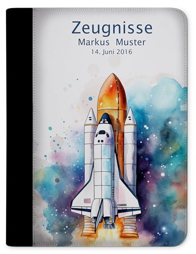 CreaDesign, Kinder Zeugnismappe Jungen personalisiert mit Name, Zeugnismappe Spaceshuttle dark mit 10 Klarsichthüllen, A4, 24 x 31 x 1 cm, Rücken schwarz von CreaDesign