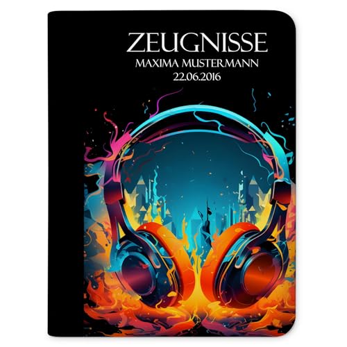 CreaDesign Customize A4 Zeugnismappe für Kinder - 26.7 x 32.7 x 1 cm, erweiterbar auf bis zu 20 Fächer, Sichtbuch ohne Klarsichthüllen, Neon Kopfhörer Design, Dokumentenmappe für Schüler von CreaDesign