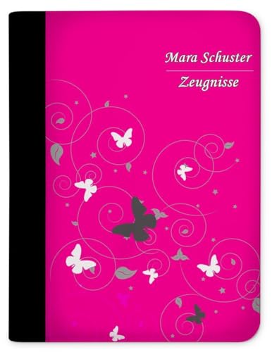 CreaDesign, Kinder Zeugnismappe mit Namen personalisiert, Zeugnis Mappe Schmetterling Pink mit 10 Klarsichthüllen, A4, 26,7 x 32,7 x 1 cm, Rücken schwarz von CreaDesign