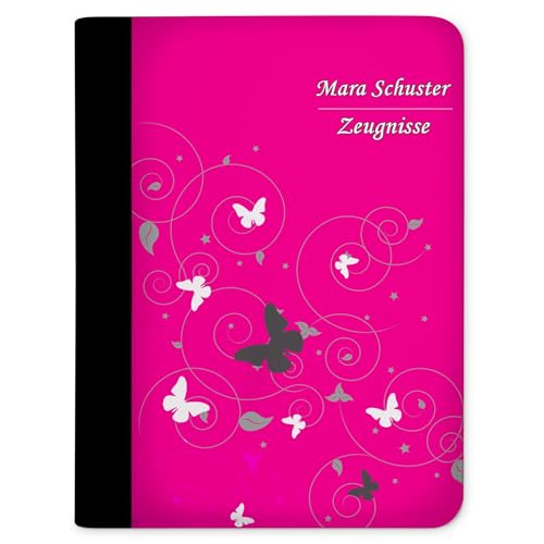 CreaDesign, Kinder Zeugnismappe personalisiert mit Namen, Zeugnis Mappe Schmetterling Pink, DIN A4, 26,7 x 32,7 x 1 cm, Rücken schwarz von CreaDesign