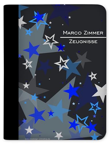 CreaDesign, Kinder Zeugnismappe mit Namen personalisiert, Zeugnis Mappe Sterne Blau mit 10 Klarsichthüllen, A4, 26,7 x 32,7 x 1 cm, Rücken schwarz von CreaDesign