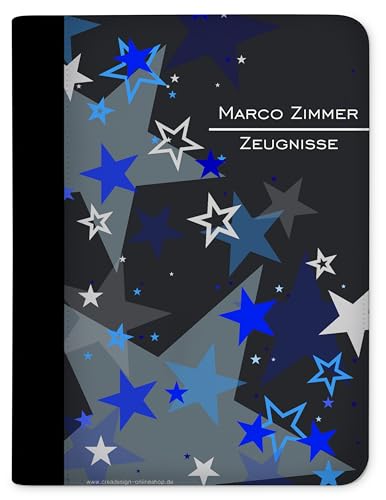 CreaDesign, Kinder Zeugnismappe mit Namen personalisiert, Zeugnis Mappe Sterne Blau mit 10 Klarsichthüllen, A4, 26,7 x 32,7 x 1 cm, Rücken schwarz von CreaDesign