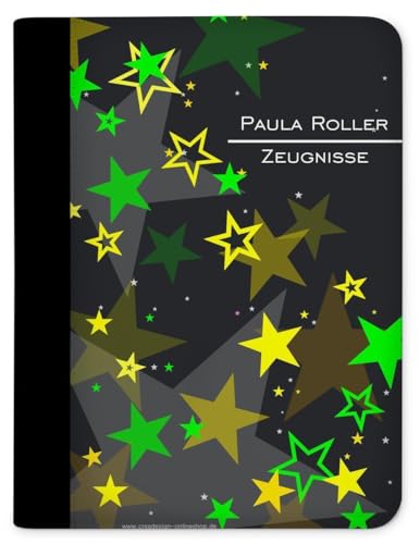 CreaDesign, Kinder Zeugnismappe personalisiert mit Namen, Zeugnis Mappe Sterne Gelb Grün, DIN A4, 26,7 x 32,7 x 1 cm, Rücken schwarz von CreaDesign