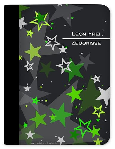 CreaDesign, Kinder Zeugnismappe mit Namen personalisiert, Zeugnis Mappe Sterne Grün mit 10 Klarsichthüllen, A4, 26,7 x 32,7 x 1 cm, Rücken schwarz von CreaDesign