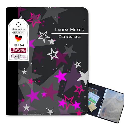 CreaDesign, Kinder Zeugnismappe personalisiert mit Namen, Zeugnis Mappe Sterne Rosa, DIN A4, 26,7 x 32,7 x 1 cm, Rücken schwarz von CreaDesign