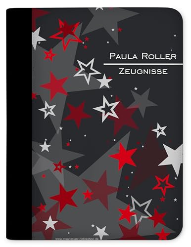 CreaDesign, Kinder Zeugnismappe mit Namen personalisiert, Zeugnis Mappe Sterne Rot mit 10 Klarsichthüllen, A4, 26,7 x 32,7 x 1 cm, Rücken schwarz von CreaDesign