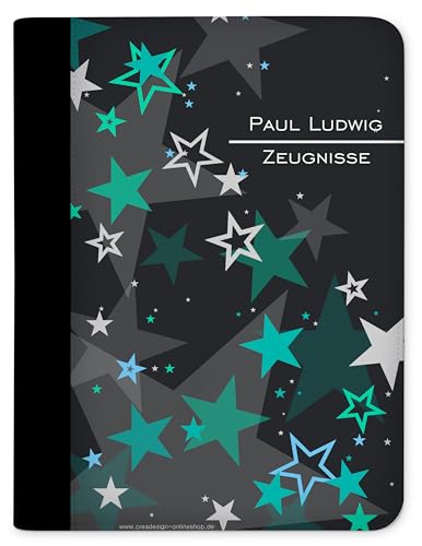 CreaDesign, Kinder Zeugnismappe personalisiert mit Namen, Zeugnis Mappe Sterne Türkis, DIN A4, 26,7 x 32,7 x 1 cm, Rücken schwarz von CreaDesign