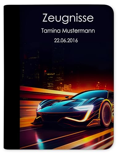 CreaDesign, Kinder Zeugnismappe personalisiert mit Name, Zeugnismappe Mädchen Auto dark ohne Klarsichthüllen, A4, 24 x 31 x 1 cm, Rücken schwarz von CreaDesign