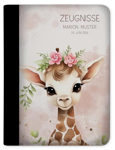 CreaDesign, Kinder Zeugnismappe personalisiert mit Name, Zeugnismappe Mädchen Giraffe Blume ohne Klarsichthüllen, A4, 24 x 31 x 1 cm, Rücken schwarz von CreaDesign