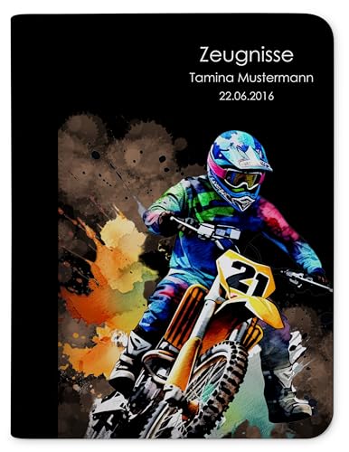 CreaDesign, Kinder Zeugnismappe personalisiert mit Name, Zeugnismappe Mädchen Motorcross dark ohne Klarsichthüllen, A4, 24 x 31 x 1 cm, Rücken schwarz von CreaDesign