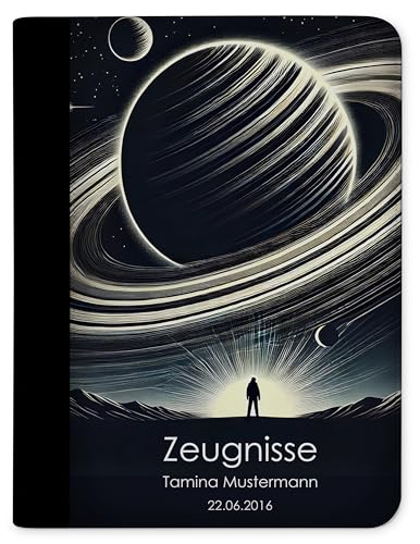 CreaDesign, Kinder Zeugnismappe personalisiert mit Name, Zeugnismappe Mädchen Planeten ohne Klarsichthüllen, A4, 24 x 31 x 1 cm, Rücken schwarz von CreaDesign