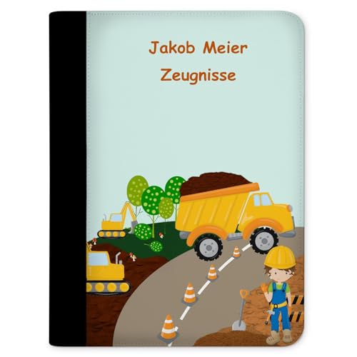 CreaDesign, Kinder Zeugnismappe personalisiert mit Namen, Zeugnis Mappe Baustelle, DIN A4, 26,7 x 32,7 x 1 cm, Rücken schwarz von CreaDesign
