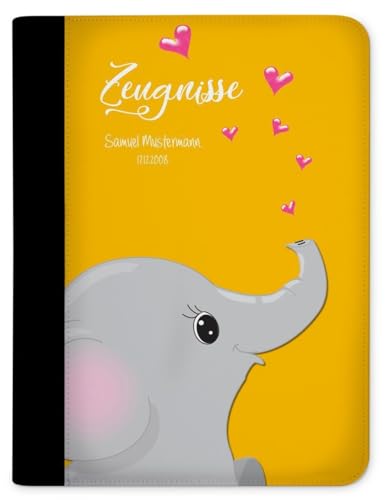 CreaDesign, Kinder Zeugnismappe personalisiert mit Namen, Zeugnis Mappe Elefant Gelb, DIN A4, 26,7 x 32,7 x 1 cm, Rücken schwarz von CreaDesign