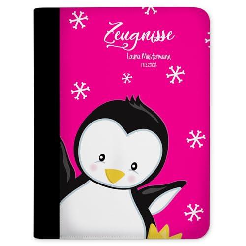 CreaDesign, Kinder Zeugnismappe personalisiert mit Namen, Zeugnis Mappe Pinguin Pink, DIN A4, 26,7 x 32,7 x 1 cm, Rücken schwarz von CreaDesign
