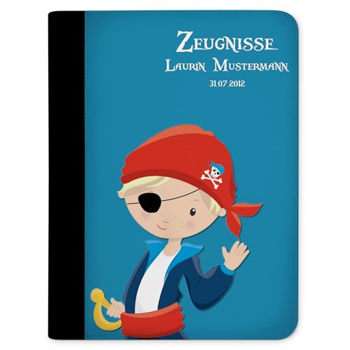 CreaDesign, Kinder Zeugnismappe personalisiert mit Namen, Zeugnis Mappe Pirat Blau, DIN A4, 26,7 x 32,7 x 1 cm, Rücken schwarz von CreaDesign
