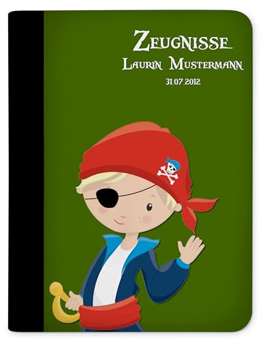 CreaDesign, Kinder Zeugnismappe personalisiert mit Namen, Zeugnis Mappe Pirat Grün, DIN A4, 26,7 x 32,7 x 1 cm, Rücken schwarz von CreaDesign