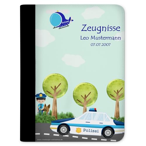 CreaDesign, Kinder Zeugnismappe personalisiert mit Namen, Zeugnis Mappe Polizei, DIN A4, 26,7 x 32,7 x 1 cm, Rücken schwarz von CreaDesign