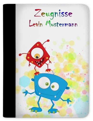 CreaDesign, Kinder Zeugnismappe mit Namen personalisiert, Zeugnis Mappe Monster Farbkleks mit 10 Klarsichthüllen, A4, 26,7 x 32,7 x 1 cm, Rücken schwarz von CreaDesign