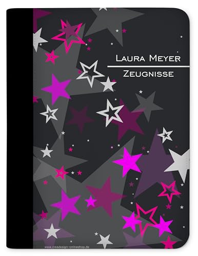 CreaDesign, Kinder Zeugnismappe mit Namen personalisiert, Zeugnis Mappe Sterne Rosa mit 10 Klarsichthüllen, A4, 26,7 x 32,7 x 1 cm, Rücken schwarz von CreaDesign
