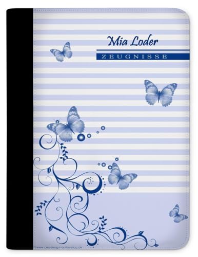CreaDesign, Kinder Zeugnismappe mit Namen personalisiert, Zeugnis Mappe Schmetterling Blau mit 10 Klarsichthüllen, A4, 26,7 x 32,7 x 1 cm, Rücken schwarz von CreaDesign