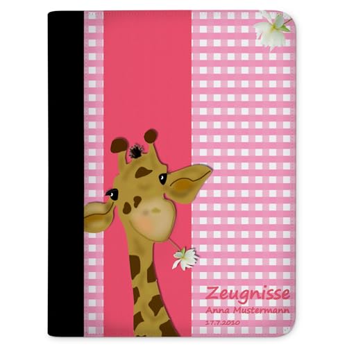 CreaDesign, Kinder Zeugnismappe mit Namen personalisiert, Zeugnis Mappe Giraffe Rosa mit 10 Klarsichthüllen, A4, 26,7 x 32,7 x 1 cm, Rücken schwarz von CreaDesign