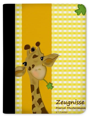 CreaDesign, Kinder Zeugnismappe mit Namen personalisiert, Zeugnis Mappe Giraffe Gelb mit 10 Klarsichthüllen, A4, 26,7 x 32,7 x 1 cm, Rücken schwarz von CreaDesign