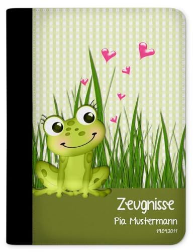 CreaDesign, Kinder Zeugnismappe mit Namen personalisiert, Zeugnis Mappe Frosch Gras mit 10 Klarsichthüllen, A4, 26,7 x 32,7 x 1 cm, Rücken schwarz von CreaDesign